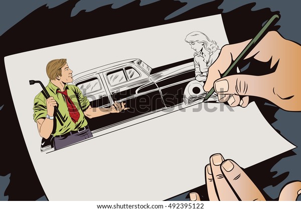 Stock illustration. People in\
retro style pop art and vintage advertising. Man with tool to\
replace car wheels. Blame girl. Hand paints picture on\
tablet.