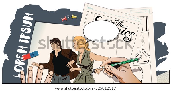 Stock illustration.\
People in retro style. Presentation template. Man and girl\
offenders. Hand paints\
picture.