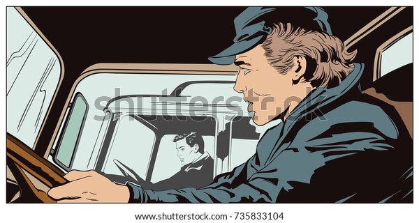 Stock illustration. People in retro\
style pop art and vintage advertising. Collage on theme transport\
and road. Males at the wheel of\
trucks.