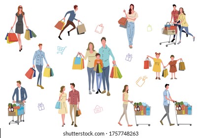 Ilustración de stock: personas que disfrutan de las compras