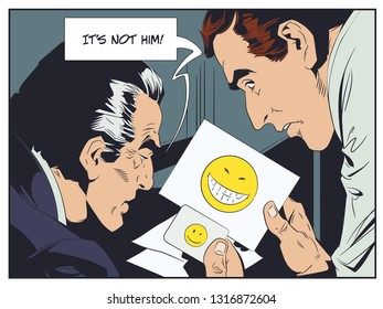 Stock illustration. Policeman check fingerprints. Parody. Men compare emoticons.