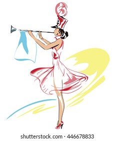 Stock illustration. Retro clipart. Girl with trumpet. Girl from variety show.