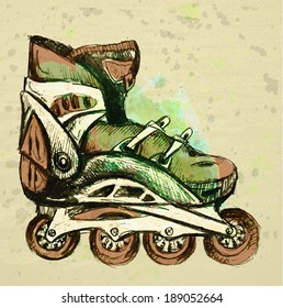 Stock  illustration with retro roller skates on a grunge background 