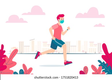 Stock illustration of a runner wearing a mask on his face because of the coronavirus, covid-19 and the new normality. Flat vector