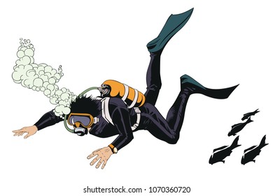 Stock illustration. Scuba divers underwater.