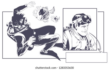 Stock illustration. Scuba divers underwater.