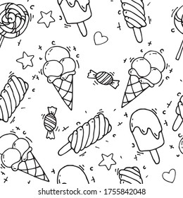 stock illustration, seamless pattern. Cute illustrations with ice cream and sweets in the style of doodle, flat, kartoon. line drawings isolated on white background. Theme of summer holidays.