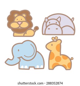 A stock illustration set of four wild cartoon animals like giraffe,elephant,lion and hippo.