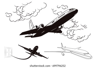 Stock illustration in silhouette style. Flying planes.