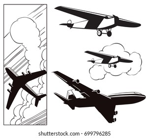 Stock illustration in silhouette style. Flying planes.