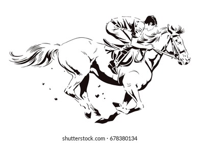 Stock illustration in silhouette style. Rider on a galloping horse.