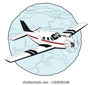Stock illustration. Small plane flying above clouds.