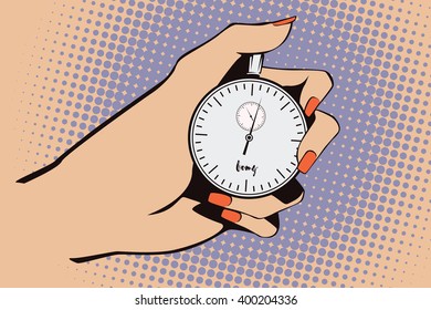 Stock illustration. Style of pop art and old comics. Stopwatch in hand