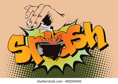 Stock illustration. Style of pop art and old comics. Hand pouring liquid from a test tube
