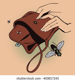 Stock illustration. Style of pop art and old comics. Flies fly out from empty handbag.