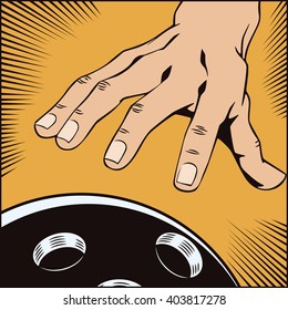 Stock illustration. Style of pop art and old comics. Hand with a bowling ball