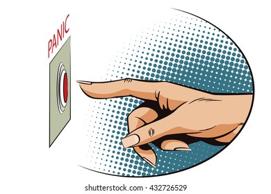 Stock illustration. Style of pop art and old comics. Female finger presses the panic button.