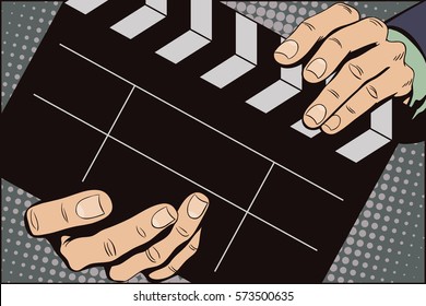 Stock illustration. Style of pop art and old comics. Hands with clapperboard