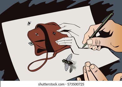 Stock illustration. Style of pop art and old comics. Hand paints picture. Flies fly out from empty handbag.