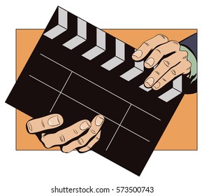 Stock illustration. Style of pop art and old comics. Hands with clapperboard