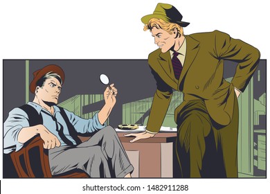 Stock illustration. Talking retro detectives.
