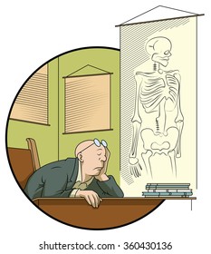 Stock illustration. Teacher sleeping at the table.