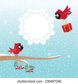 Stock illustration of two birds in the winter forest celebrate Christmas or Valentine Day