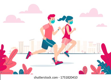 Stock illustration of a two runners, man and woman, wearing a face mask because of coronavirus, covid-19 and the new normality. Flat vector