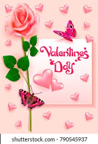 Stock Illustration Valentine's day greeting card with rose and butterflies