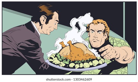 Stock illustration. Waiter serves chicken to a fat man.