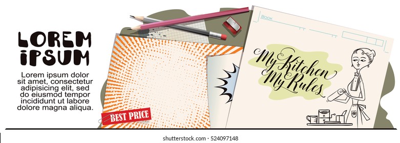 Stock illustration. Woman in kitchen. Cooking.The trend calligraphy. Quote My kitchen, my rules. Advertising your products.