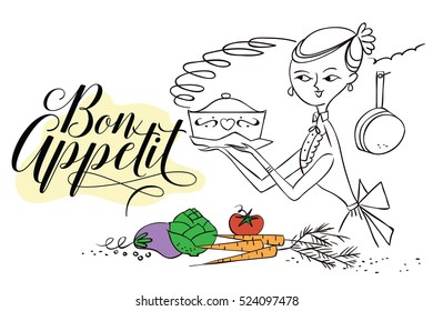Stock illustration. Woman in kitchen. Cooking. The trend calligraphy. Quote Bon Appetit