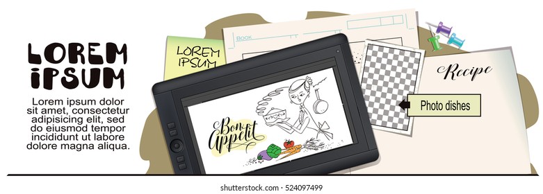 Stock illustration. Woman in kitchen. Cooking. The trend calligraphy. Quote Bon Appetit. Advertising your products.