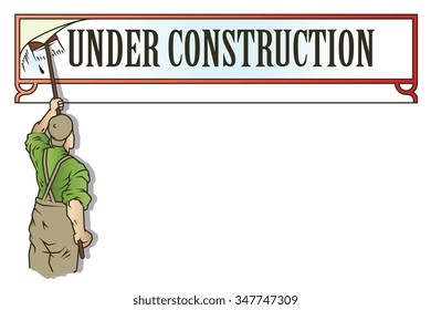 Stock illustration. Workman glues advertisement.