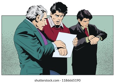 Stock illustration. Worried man looking at clock.