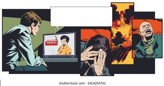 Stock illustration. Young man watching news on tv. Terrorist attack. Explosion. People in panic.