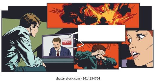 Stock illustration. Young man watching news on tv. Terrorist attack. Explosion. People in panic.