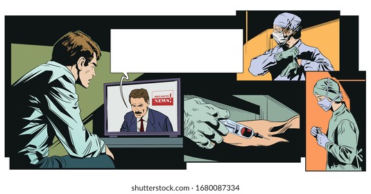 Stock illustration. Young man watching news on tv. Coronavirus. Pandemic. 