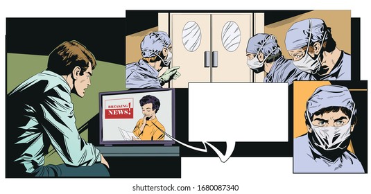 Stock illustration. Young man watching news on tv. Coronavirus. Pandemic. 
