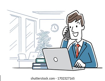 Stock illustration: a young man who uses a computer to work in the office