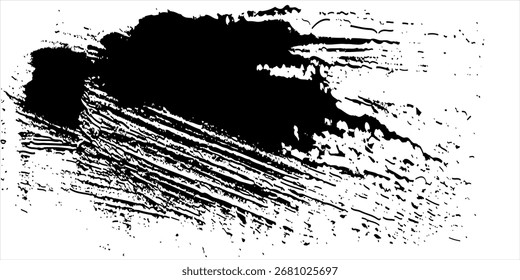 Imagen de stock de pinceladas creativas sobre fondo blanco.  Cepillo negro Stock sobre fondo aislado. Abstractas trazo de pincel negro sobre fondo blanco con pintura al óleo de colores.
