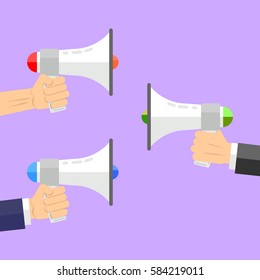 Stock image in flat style with a picture of three hands holding the megaphones