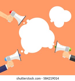 Stock image in flat style with a picture of three hands holding the megaphones