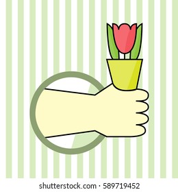 Stock image icon - hand sticking out of the window and holding a flower (striped background)