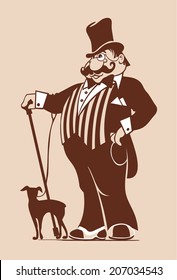 Stock image of a man in a tuxedo and top hat with a cane and a dog
