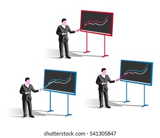 Stock image of man who stands at the blackboard with a pointer and points to a graph