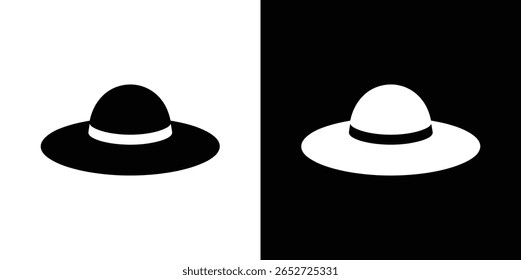 Stock image presents an isolated sunhat icon with a flat design, split into black and white backgrounds, offering a versatile visual asset.