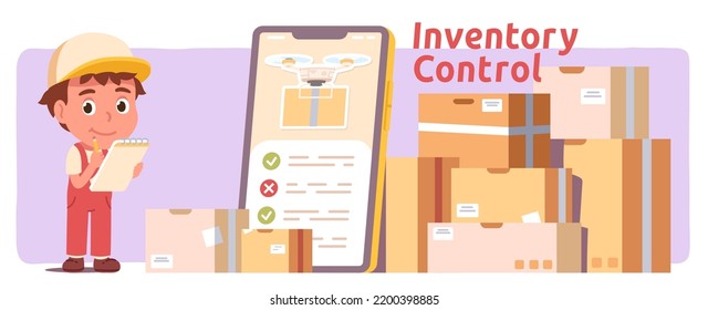 Stock Inventory Management Mobile Phone App. Modern Warehouse Manager Man Person Managing Cargo Cardboard Boxes. Business, Shipment Logistics Worker, Packages Storage Delivery Service Concept Vector