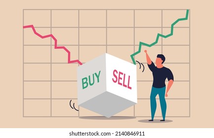 Stock invest and sell or buy betting dice. Choice exchange and risk uncertainty diagram vector illustration concept. Global strategy trading and investing money. Business chance bet and finance chart