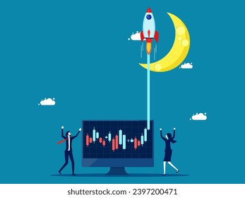 Stock investment. Businessman is happy that the stock price graph is rising to the moon